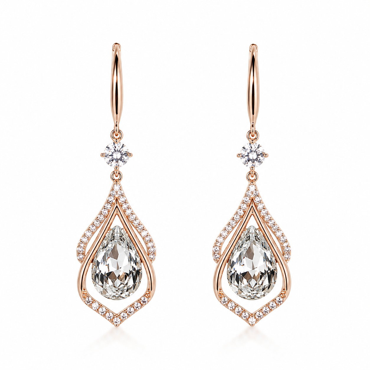IRA Rose Lumina Earrings in rose gold-tone rhodium-plated 925 sterling silver featuring a pear-cut stone and AAA+ quality stones by Mohnaa Jewels.