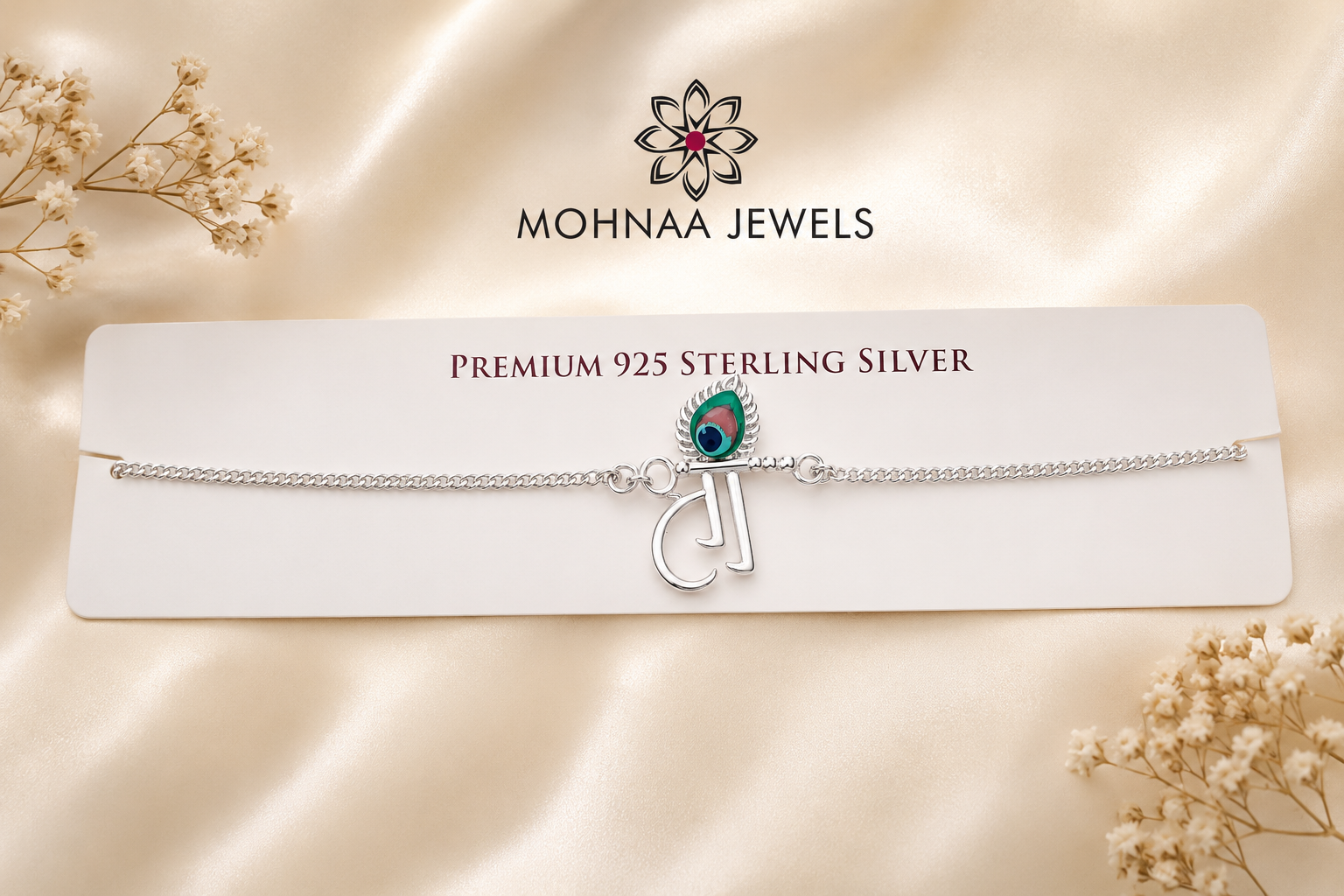Mor Mukut Shree 925 Sterling Silver Rakhi with peacock feather charm and premium silver chain by Mohnaa Jewels