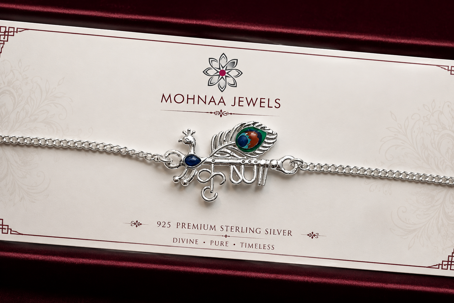 Shyam Murli 925 Sterling Silver Rakhi featuring Krishna flute and peacock feather design with premium silver chain by Mohnaa Jewels