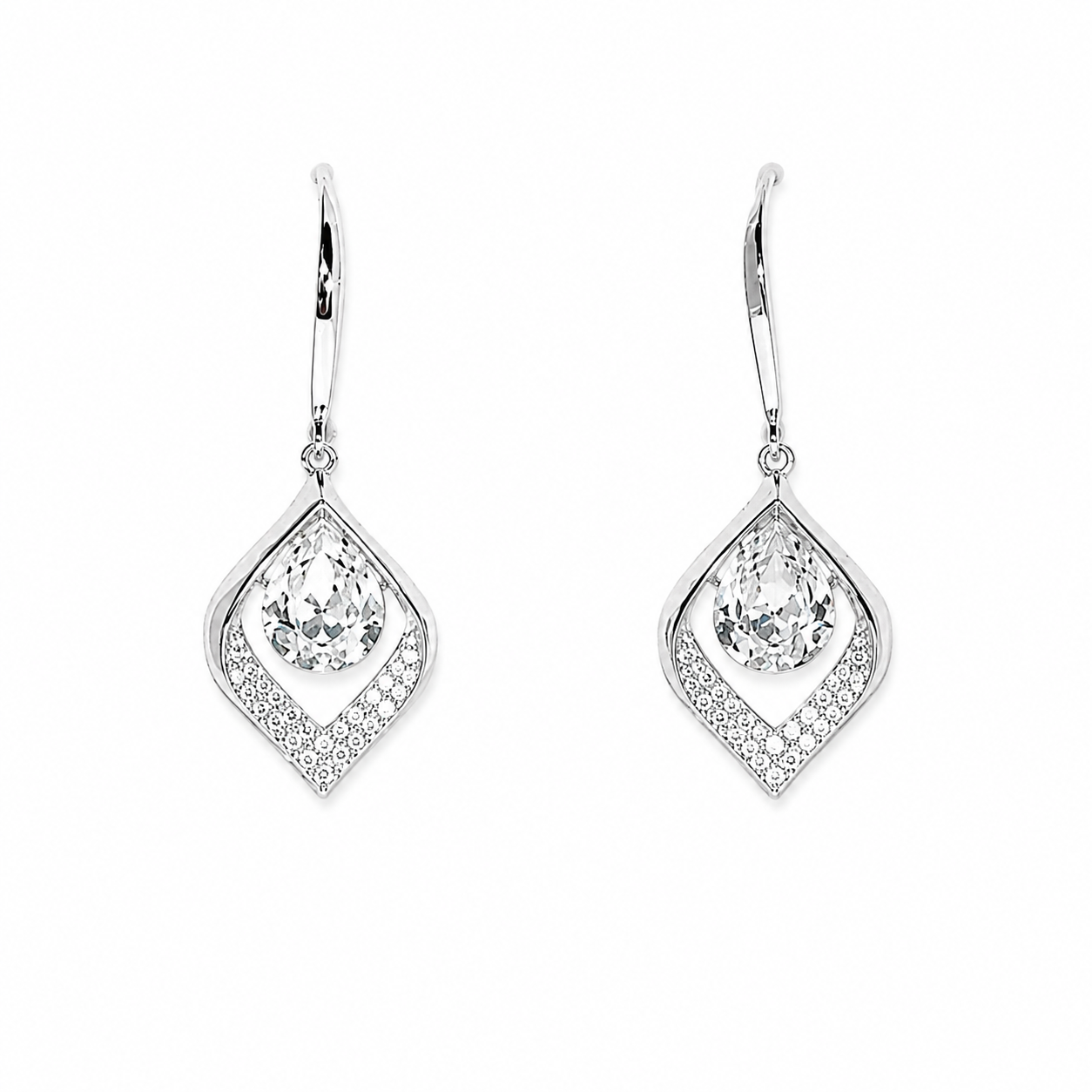 IRA Crystal Dewdrop Earrings in rhodium-plated 925 sterling silver featuring a pear-cut stone and AAA+ quality stones by Mohnaa Jewels.
