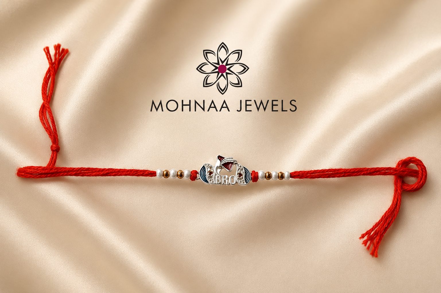 "Bro Bond Designer Rakhi for Brother featuring an intricate BRO charm with decorative enamel accents, premium handcrafted Raksha Bandhan rakhi on a traditional red thread, elegantly presented by Mohnaa Jewels."