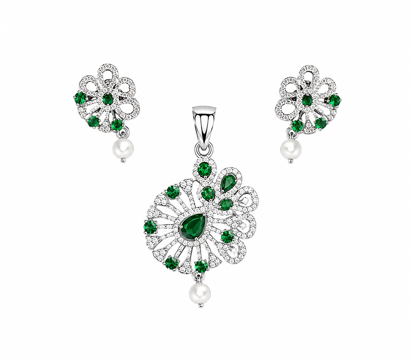 Ira Verdia 925 sterling silver pendant and earrings set with green stones, cubic zirconia accents, and pearl drops