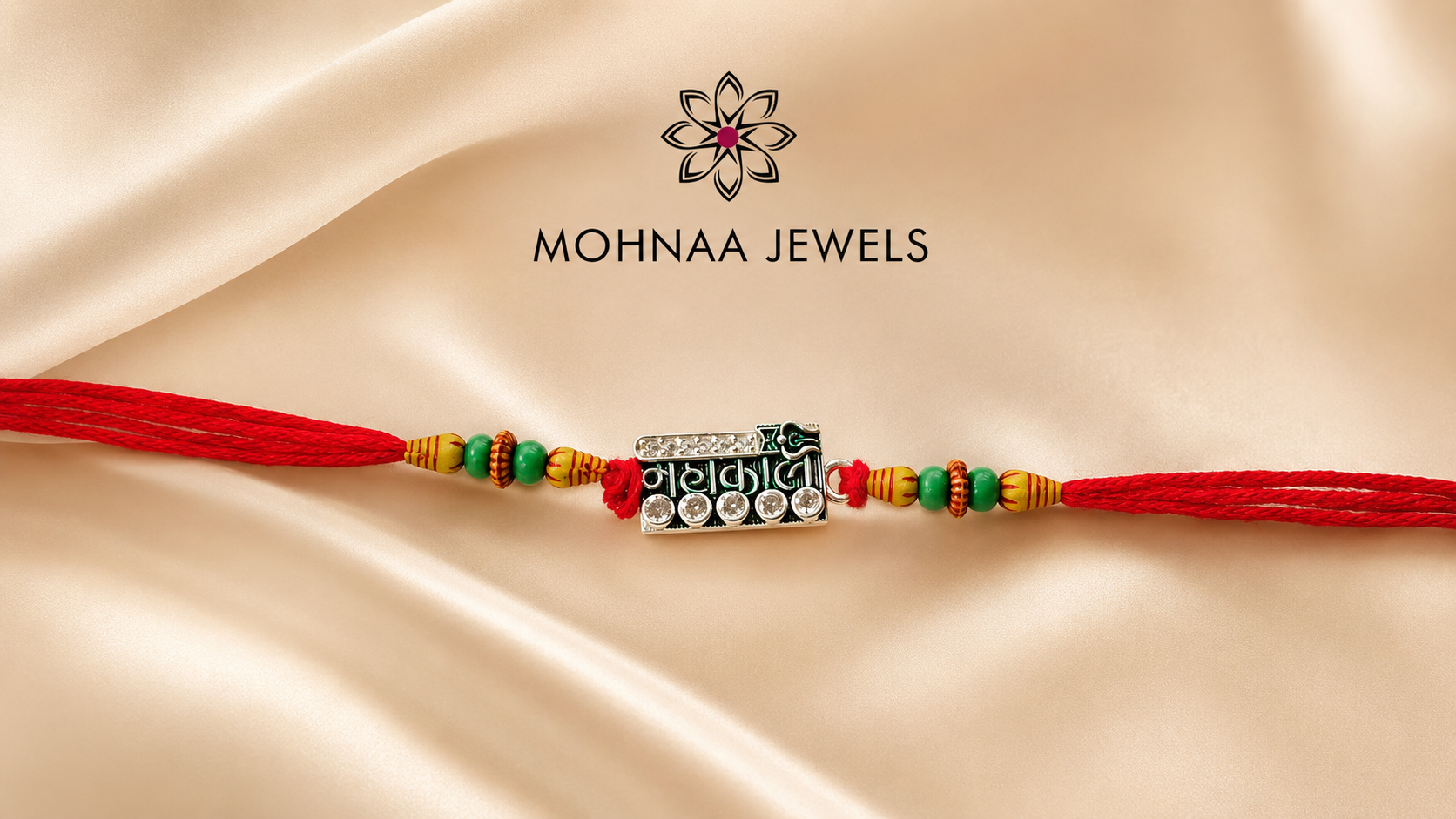 Mahakal Divine Rakhi with sacred Mahakal motif, colorful beads and traditional red thread
